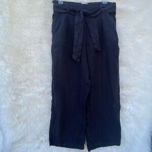 Nicole Miller New York Black‎ 100% Linen Belted Wide Leg Cropped Pants Size S